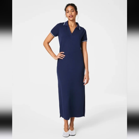 SPANX Dresses & Skirts - SPANX AirEssentials Pique Polo Midi Dress Polo Shirt Navy White Trim Size XXL